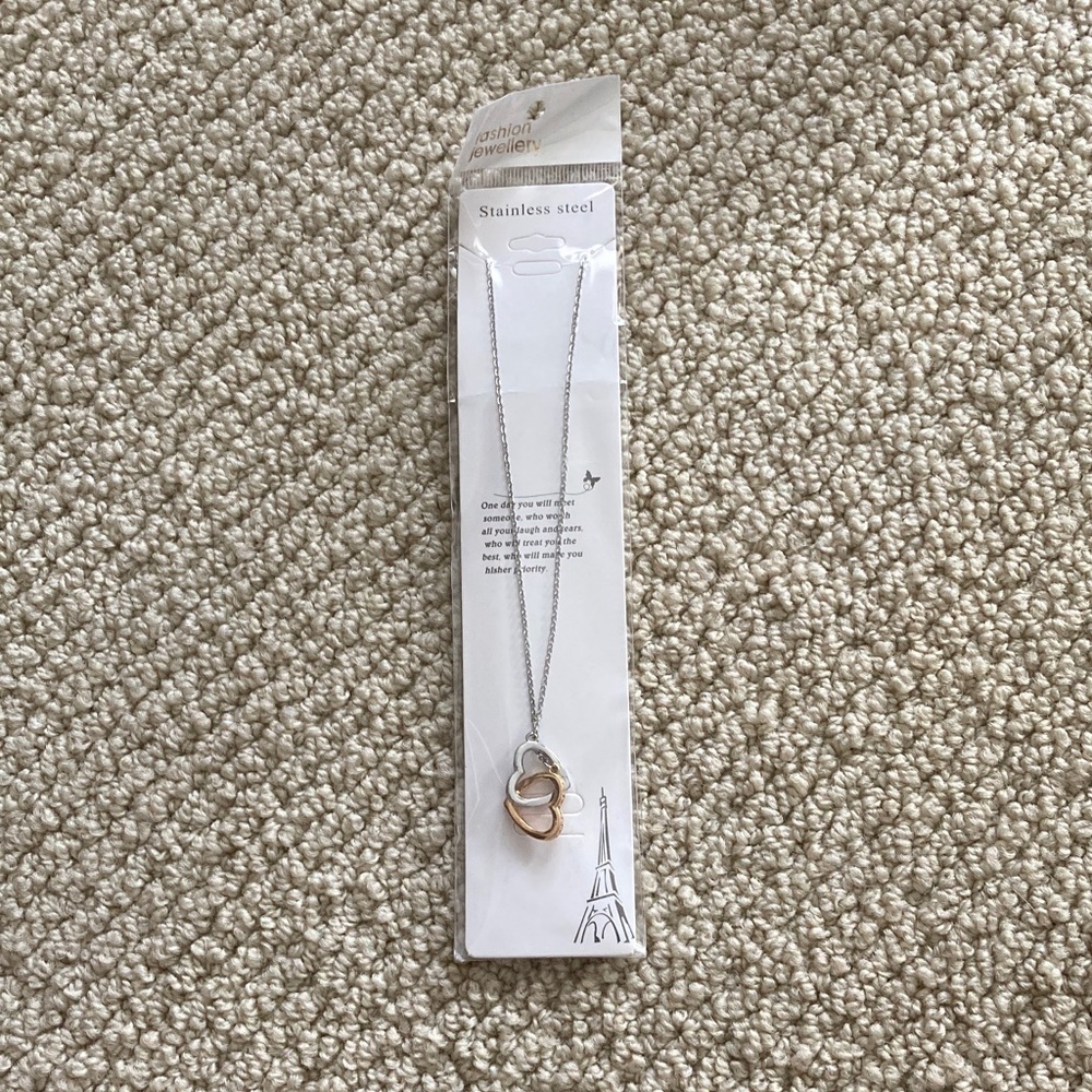 NEW Interlocking Heart Pendant Necklace Stainless Steel Love Double Silver NWT